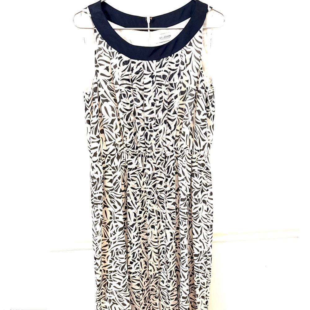 ST. JOHN COLLECTION Elegant Black and White Silk Patterned Dress